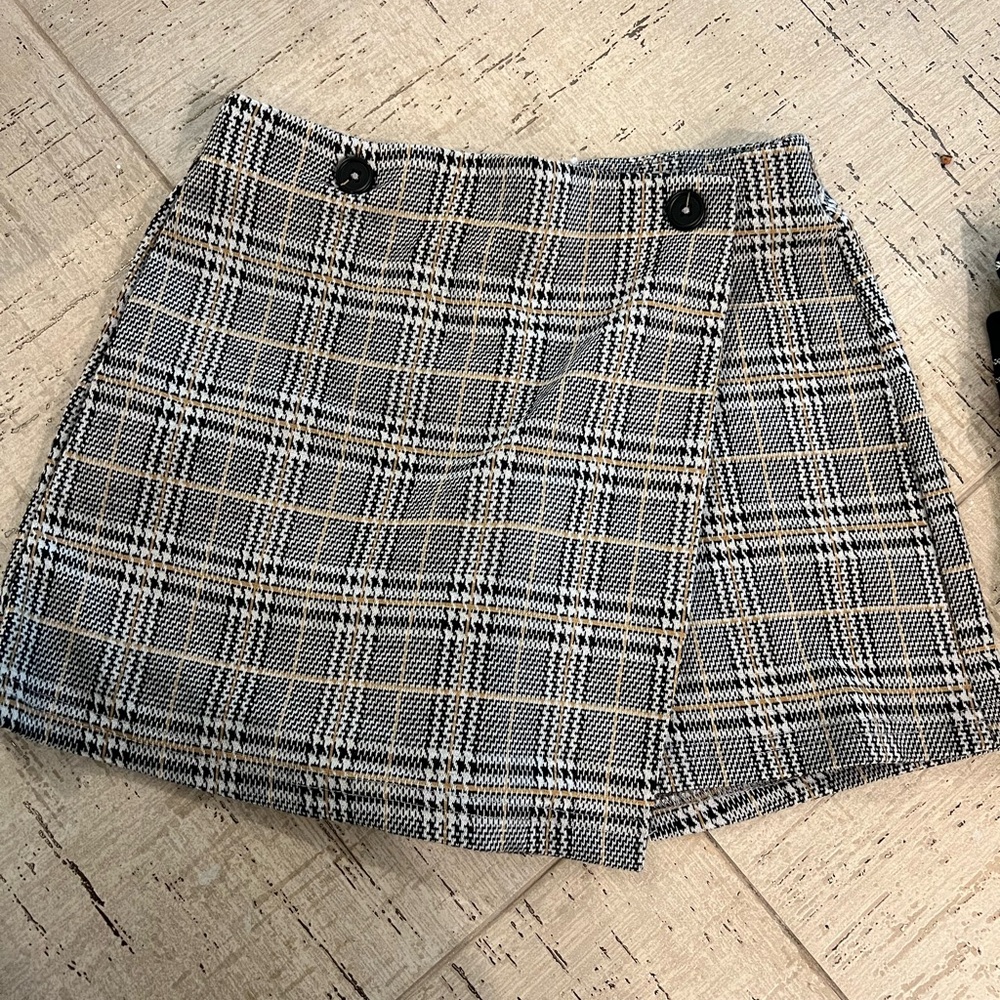 Plaid Mini Skort with Button Detail